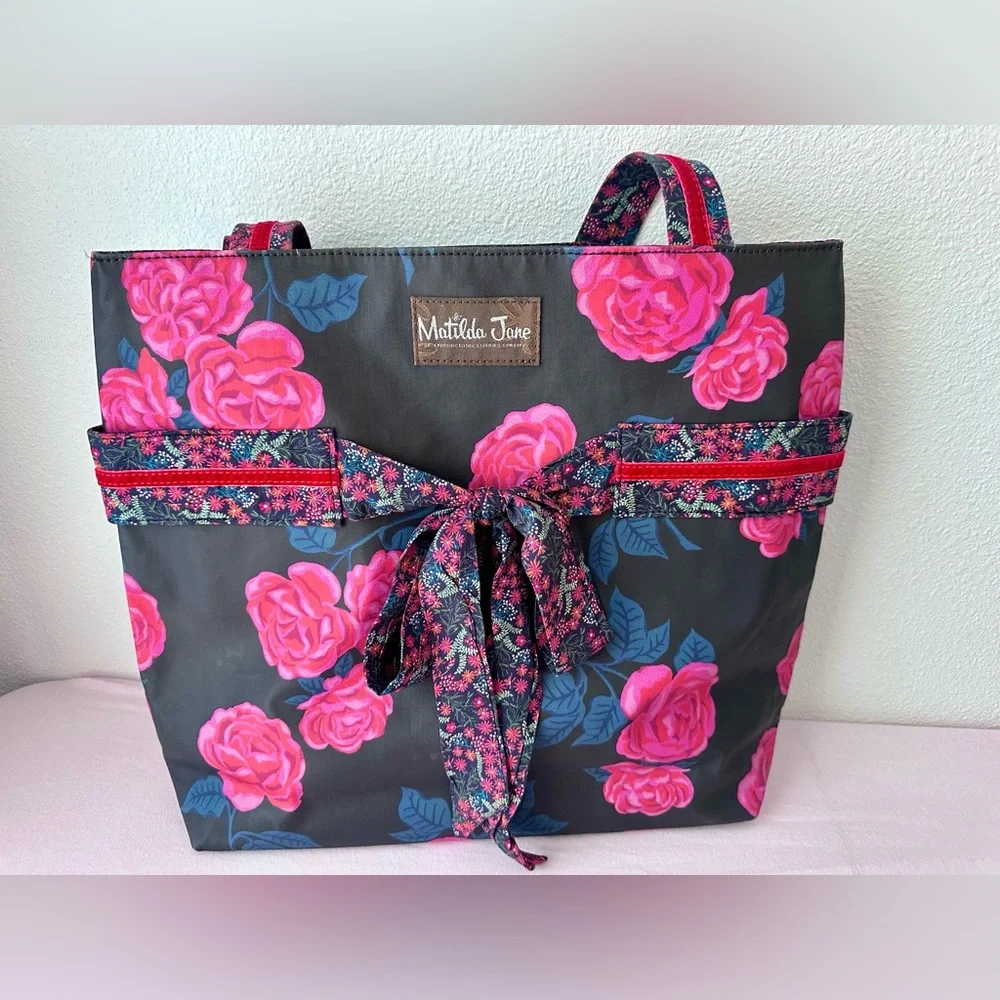 Matilda Jane Dark Grey Tote with Pink Roses and Floral Tie